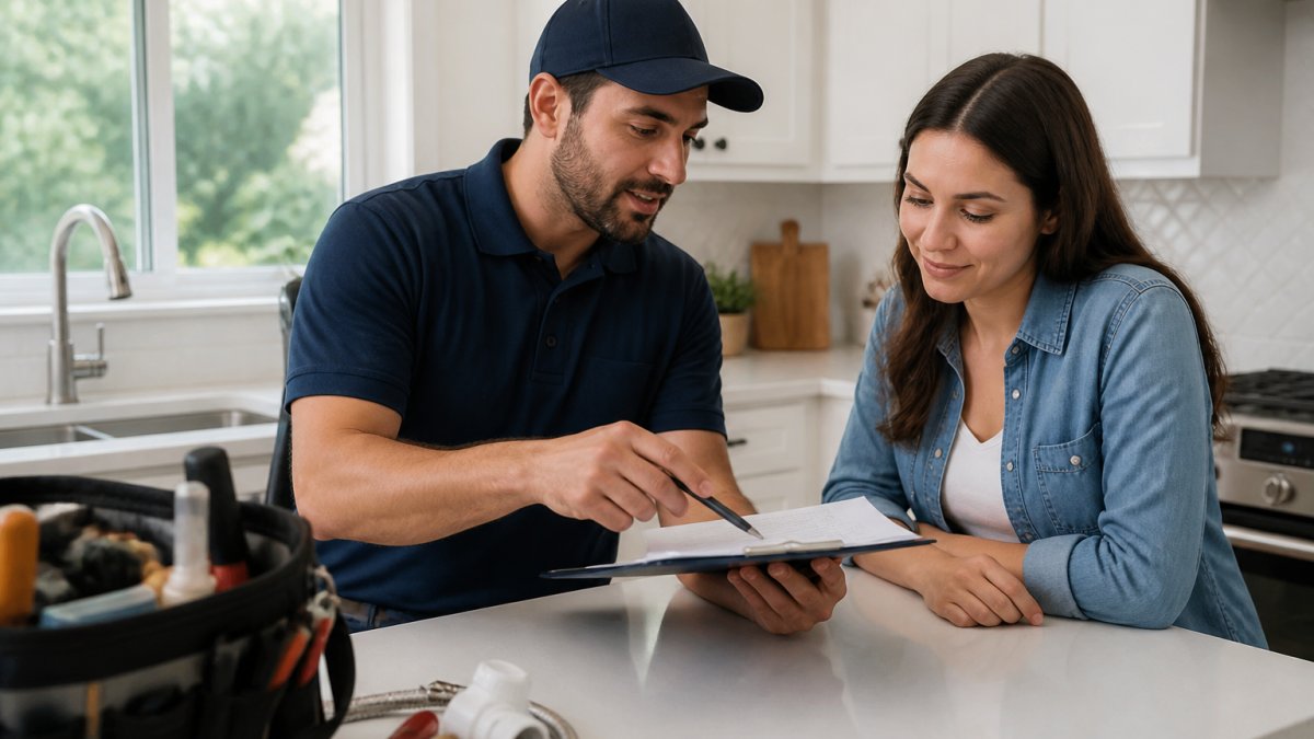 Professional plumber and homeowner reviewing a written estimate to help you find reliable plumbers.