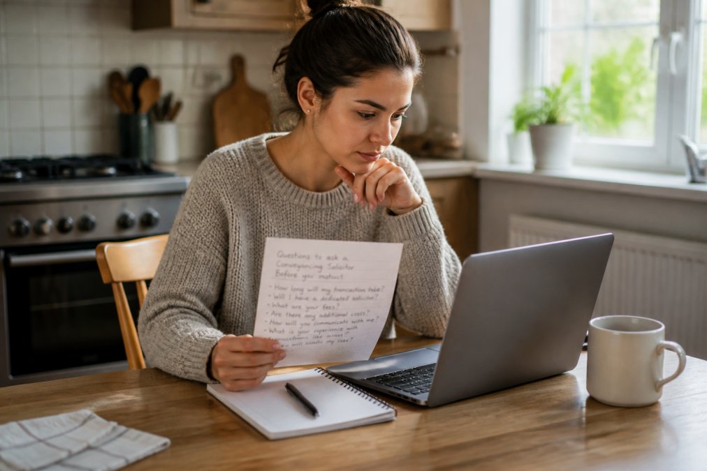 A first-time buyer sitting at a kitchen table with a notebook, pen, and laptop open to a solicitor's website, looking thoughtfully at a handwritten list of questions, soft morning light through a window