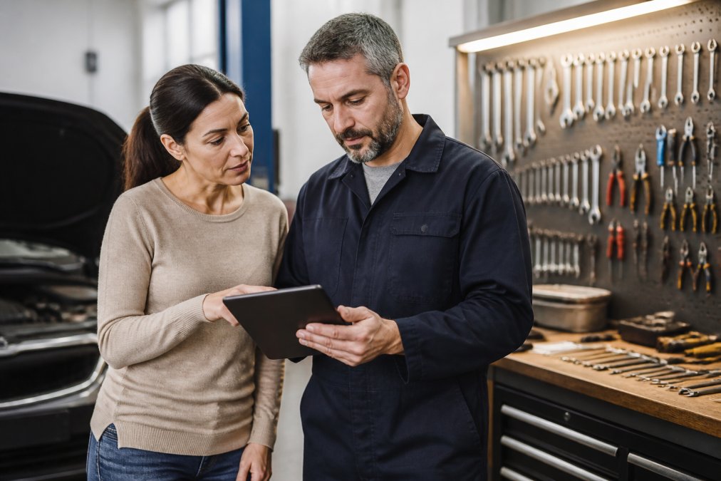 A customer and a mechanic in a clean, organised workshop, both looking at a tablet displaying a repair checklist, with tools neatly arranged on the bench behind them