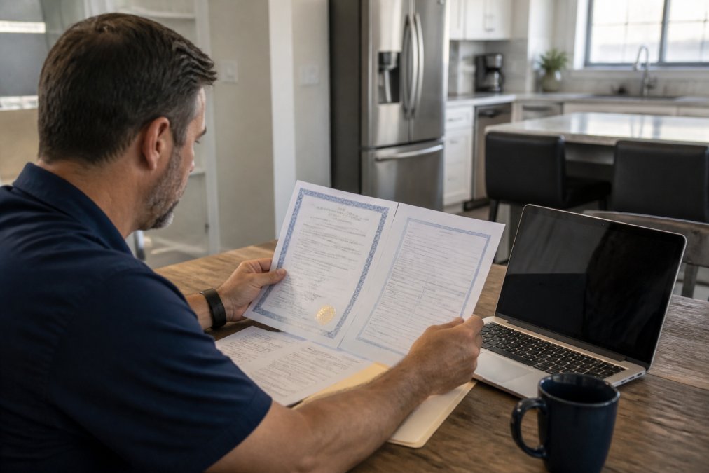 Homeowner reviewing a contractor's insurance certificate and license documents at a kitchen table with a laptop open beside a coffee mug