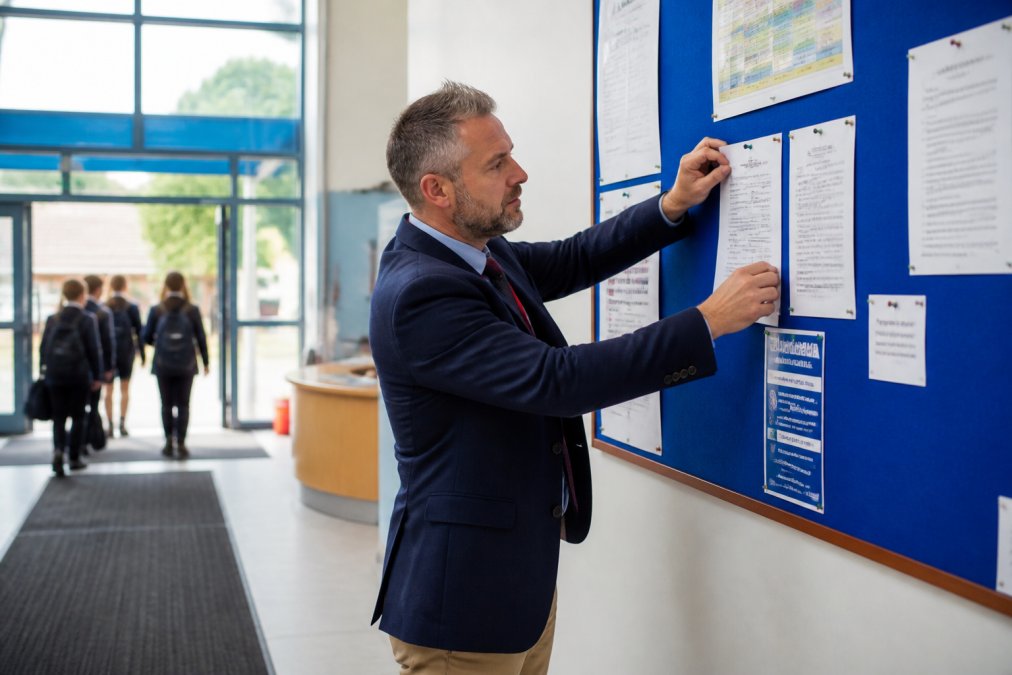 A school business manager pinning a job advert to a staff noticeboard in a busy school reception area, morning light through the entrance doors