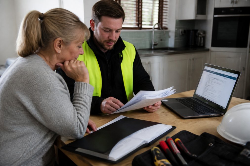 A homeowner and reliable solar installers reviewing certification documents for a credential verification process.