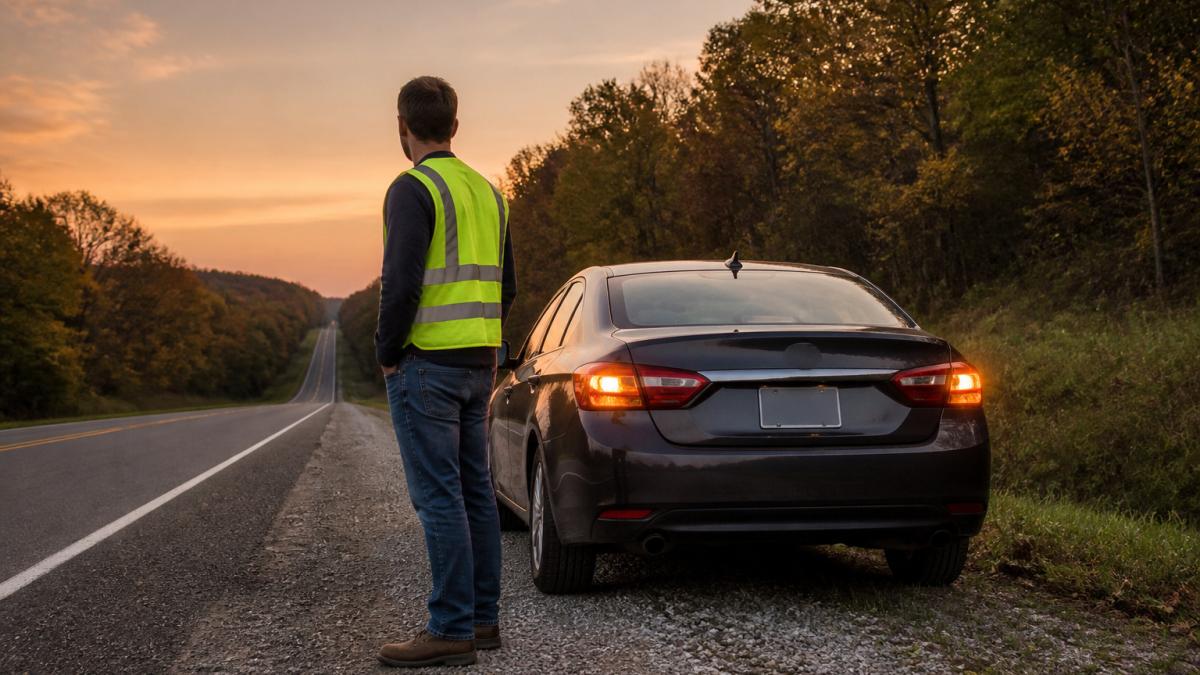 Driver in a reflective vest waiting safely on a rural roadside for reliable towing services at dusk.