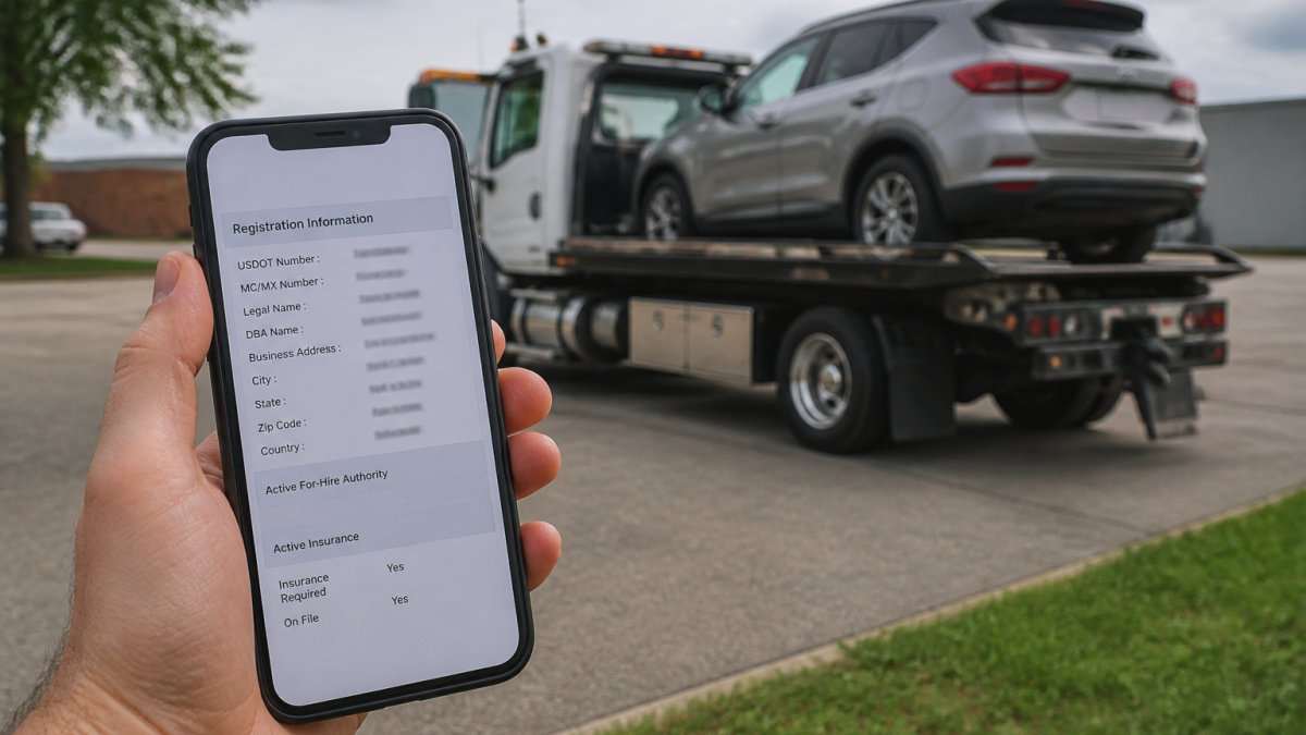 Close-up of a smartphone displaying DOT registration verification on an official government database, with a towing truck visible in the background