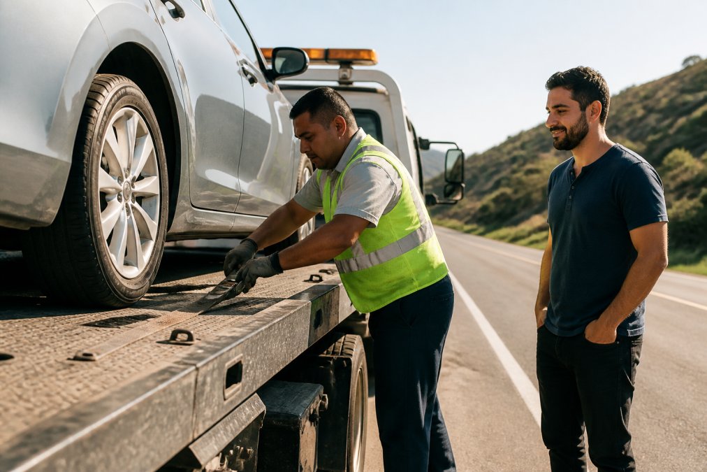 A professional tow truck operator in a high-visibility vest securing a car onto a flatbed truck on a sunny roadside, with a driver standing nearby looking relieved