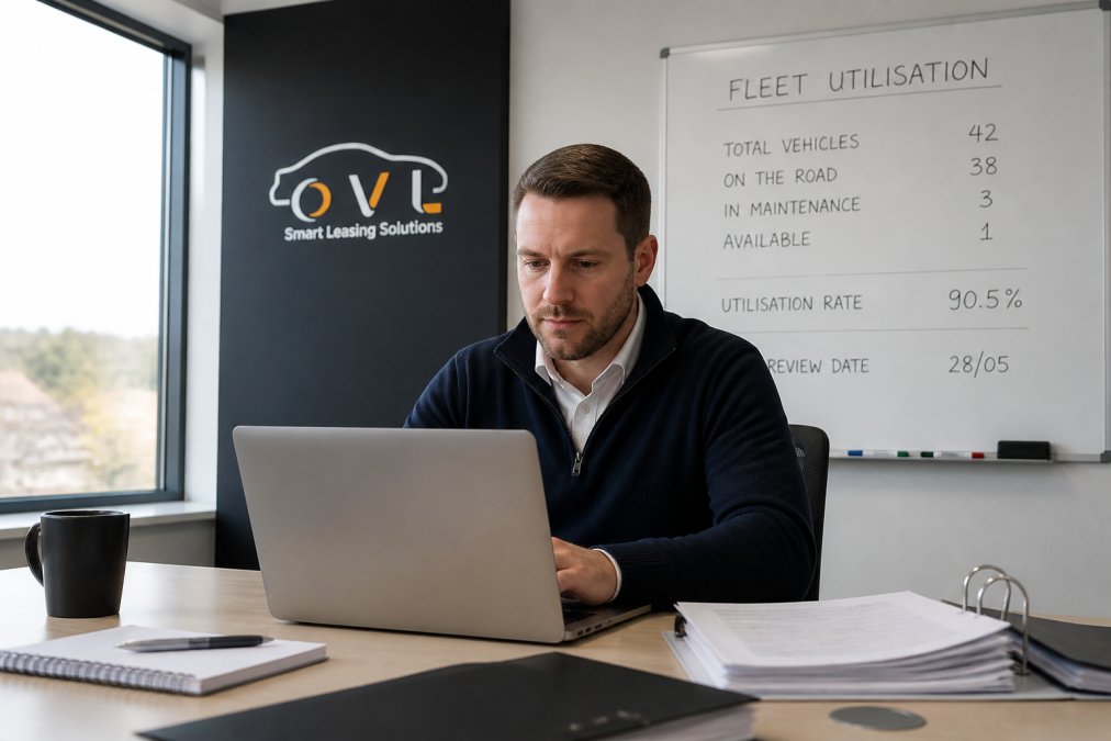 Fleet manager reviewing vehicle leasing documents and fleet utilisation data on a whiteboard in an office