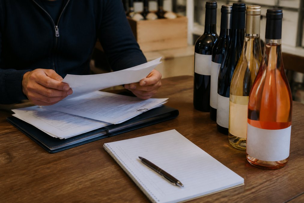 Wine buyer or restaurant manager reviewing supplier documents, business registration papers, and wine bottles on a wooden desk with a checklist and pen nearby
