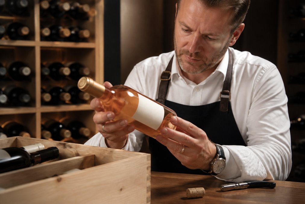 Sommelier or wine professional examining a wine bottle closely, inspecting the label, cork, and vintage details under professional lighting on a wooden surface