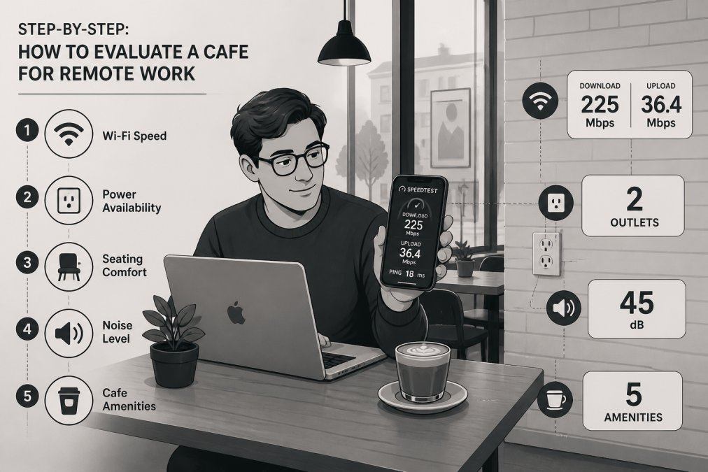 A remote worker in their late 20s sitting at a wooden cafe table with a MacBook open, a cortado beside them, holding their phone showing a Speedtest result, with a visible power outlet on the brick wall behind them, warm morning light coming through large windows