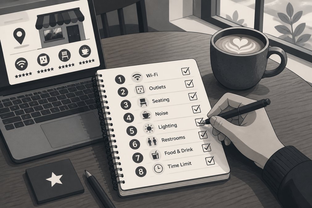 Close-up of a person's hand writing a numbered checklist in a small spiral notebook placed next to an open laptop and a ceramic coffee cup on a warm-toned wooden cafe table, soft natural light from a nearby window