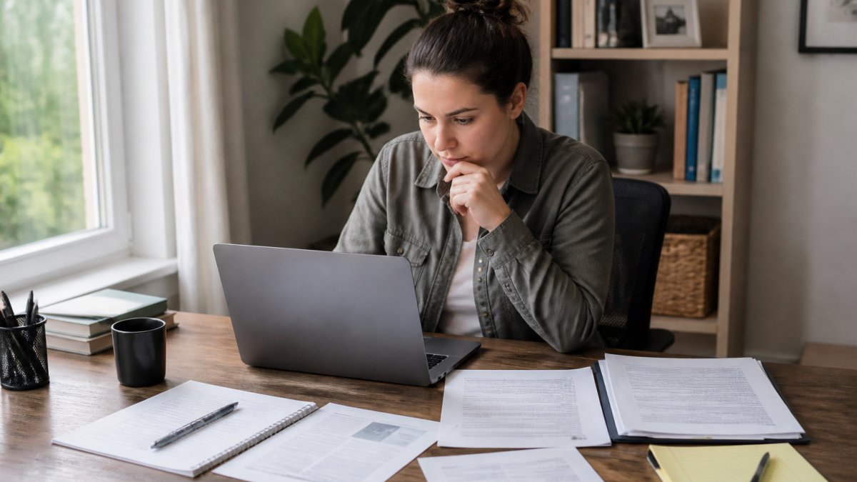 Person researching a nonprofit organization on a laptop with documents and a notepad on a sunny desk