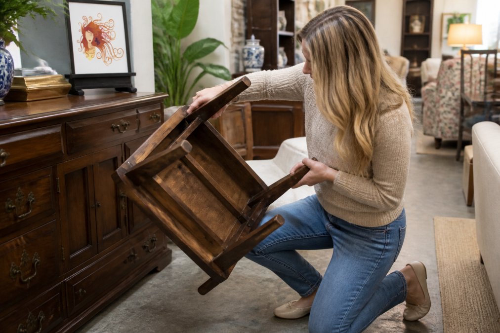 Customer in well-lit consignment store examining the underside of a wooden chair, checking joints and structural integrity while kneeling beside a furniture display