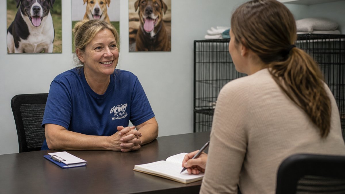 A person sitting across from a rescue volunteer at a table, asking questions with a notepad and pen, in a bright shelter office with dog posters on the wall