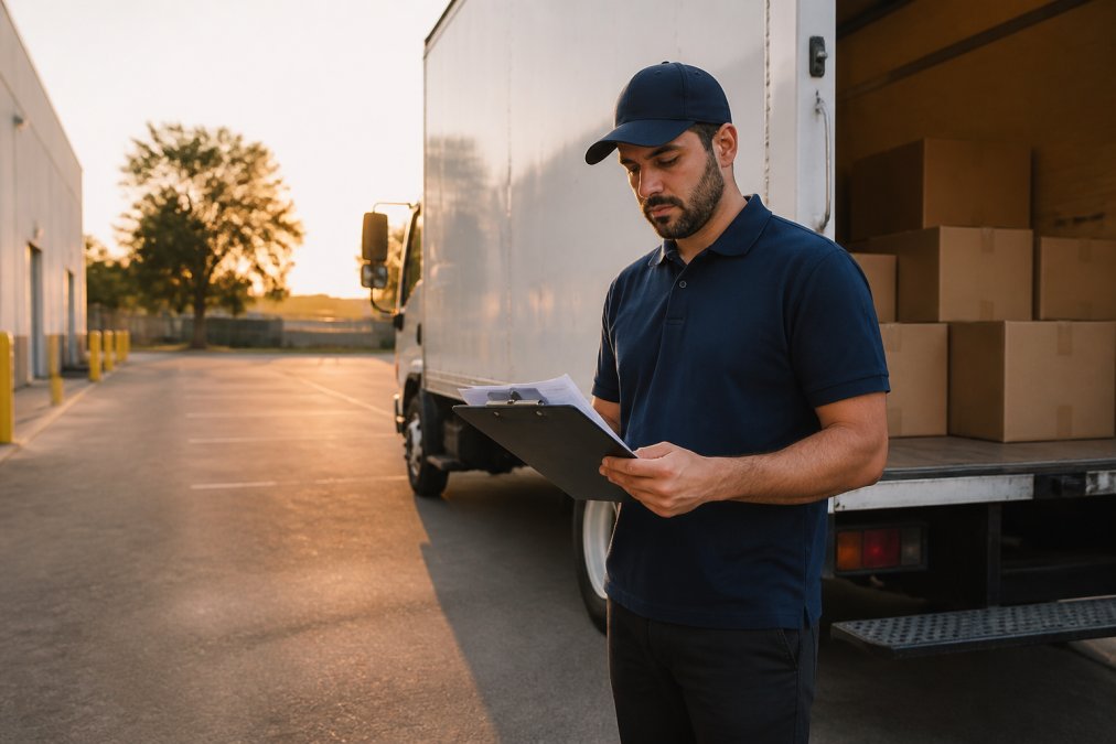 A delivery driver in uniform reviewing paperwork on a clipboard beside a loaded box truck in a warehouse parking lot, early morning light