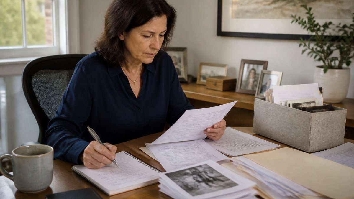 Homeowner sitting at desk with checklist and documents, reviewing paperwork and taking notes while preparing to hire an estate clearing service, natural office lighting