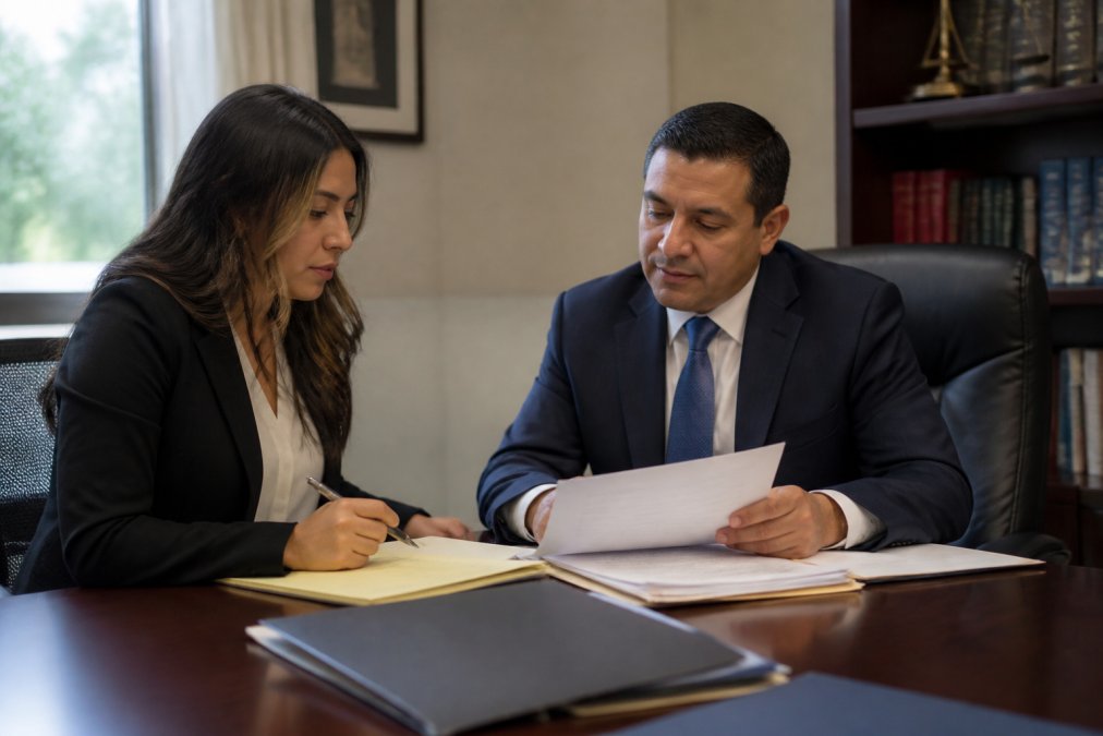 Professional attorney and client sitting across a modern law office desk reviewing immigration documents together, with notepad and pen visible, natural office lighting
