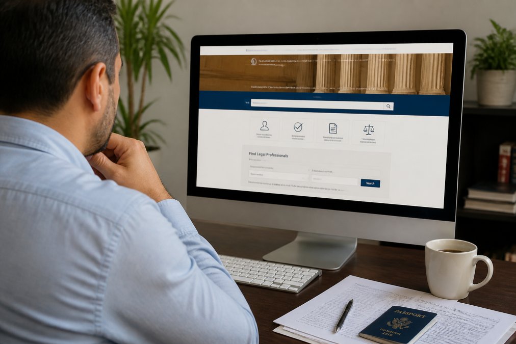 Person at a computer reviewing a state bar association website and legal directory on screen, with immigration documents and coffee nearby on the desk