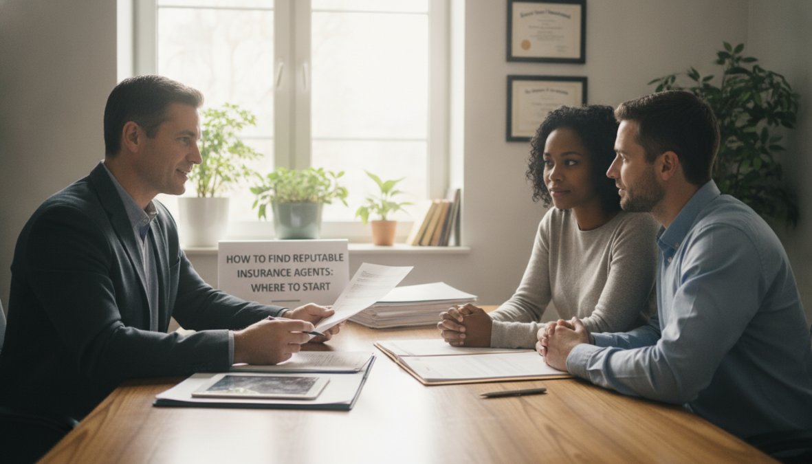 A professional insurance agent sitting across a desk from a couple, reviewing policy documents together in a bright, welcoming Las Vegas office with natural light coming through large windows