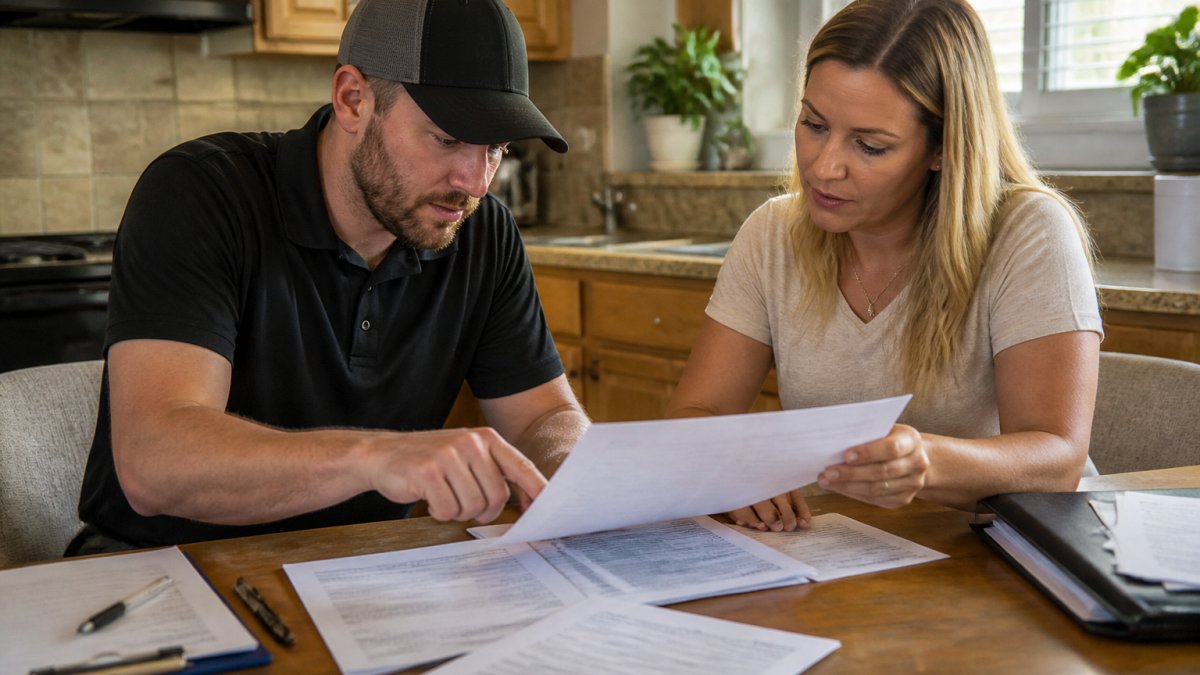 A homeowner and a junk removal contractor reviewing insurance certificates and a written quote together at a kitchen table, paperwork spread out under warm afternoon light