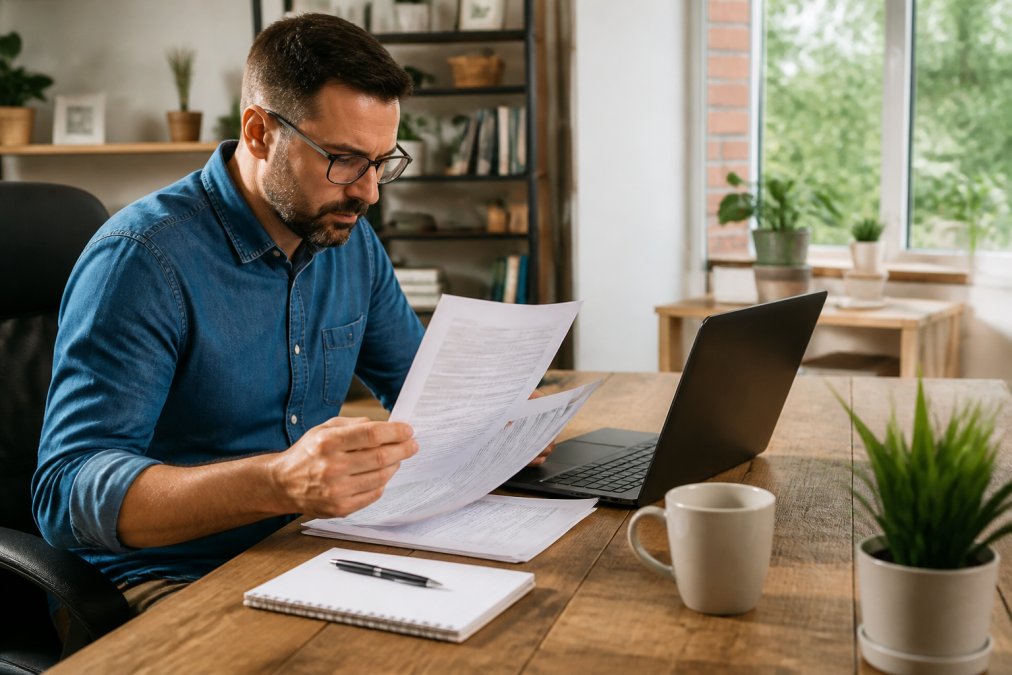 Homeowner reviewing license documents from reputable kitchen contractors on a laptop in a bright home office