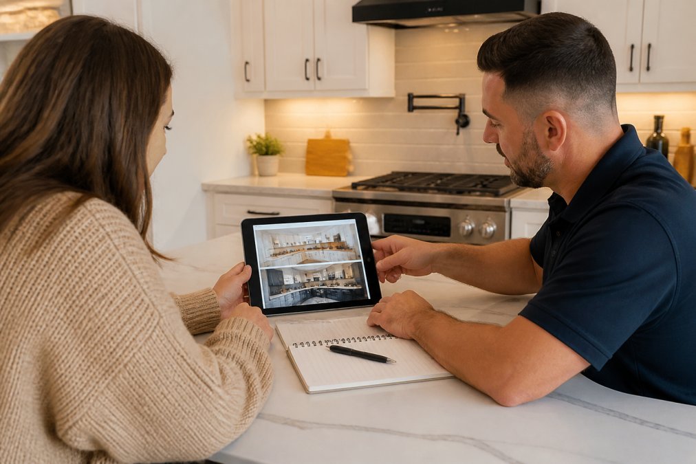 Homeowner reviewing before-and-after kitchen renovation photos on a tablet while discussing the project details with a contractor in a modern kitchen setting