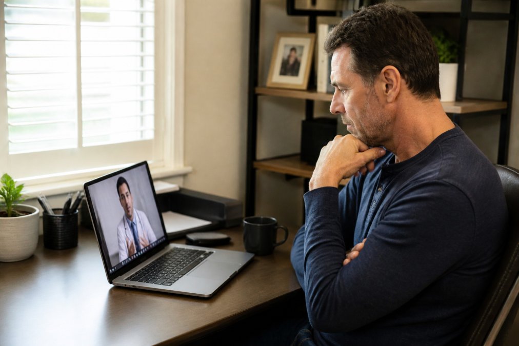 Man in his 40s having a consultation with a reputable online TRT clinic via laptop in his home office