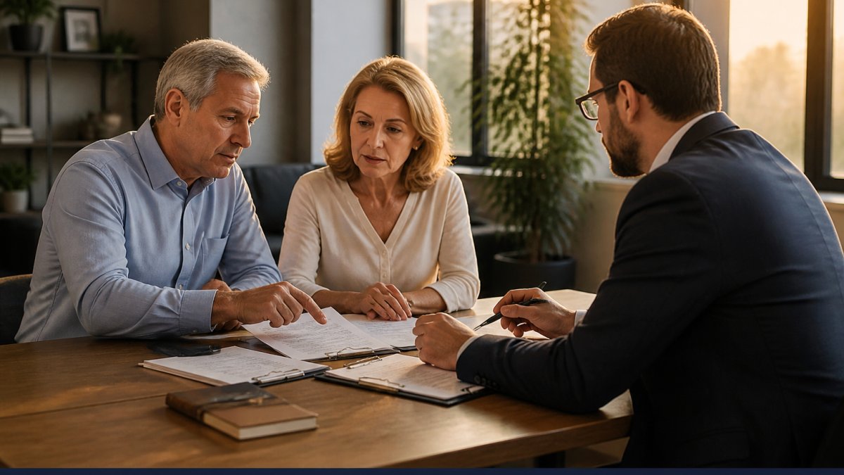 Professional mature couple in their 50s meeting with a financial advisor at a wooden desk, reviewing retirement documents and discussing plans together in a modern office with natural window lighting