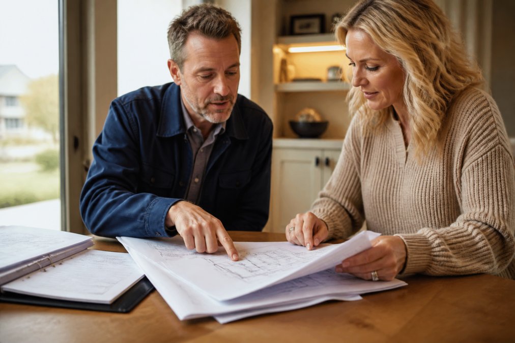 Homeowner reviewing blueprints with structural engineers during a professional residential consultation