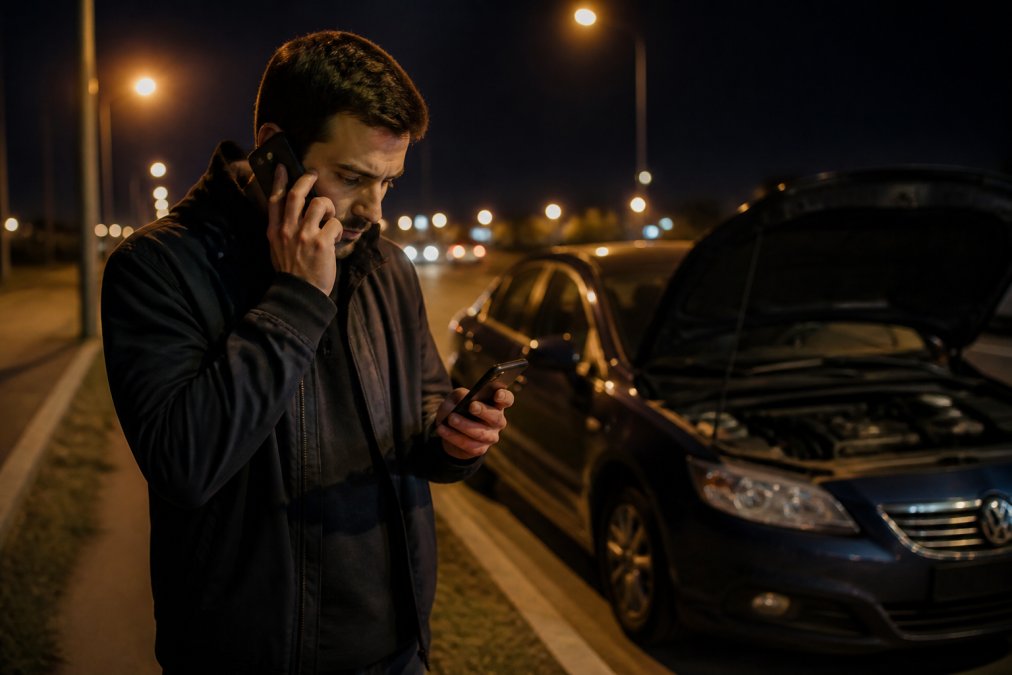Person on the phone roadside at night next to their disabled vehicle, reviewing information on their smartphone to verify towing company details under streetlight