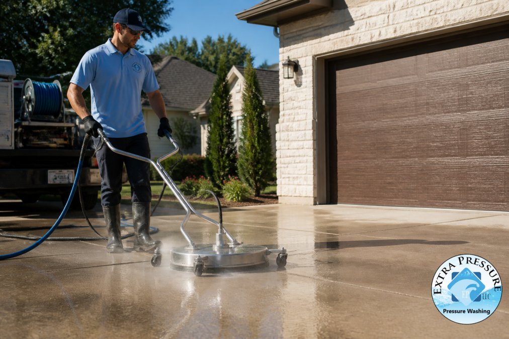 How to Find Residential Pressure Washing Near Me 2 Professional pressure washing technician in uniform and safety gear operating state-of-the-art pressure washing equipment on a residential driveway, bright daylight illuminating the equipment and cleaned surface