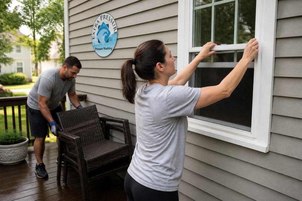 How to Find Residential Pressure Washing Near Me 3 Homeowner securing outdoor furniture and closing windows on a house exterior before pressure washing service begins, showing preparation steps in natural daylight