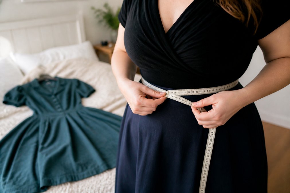 A close-up of a woman's hands holding a soft measuring tape around her waist, with a vintage-inspired dress lying on a bed in the background, natural light