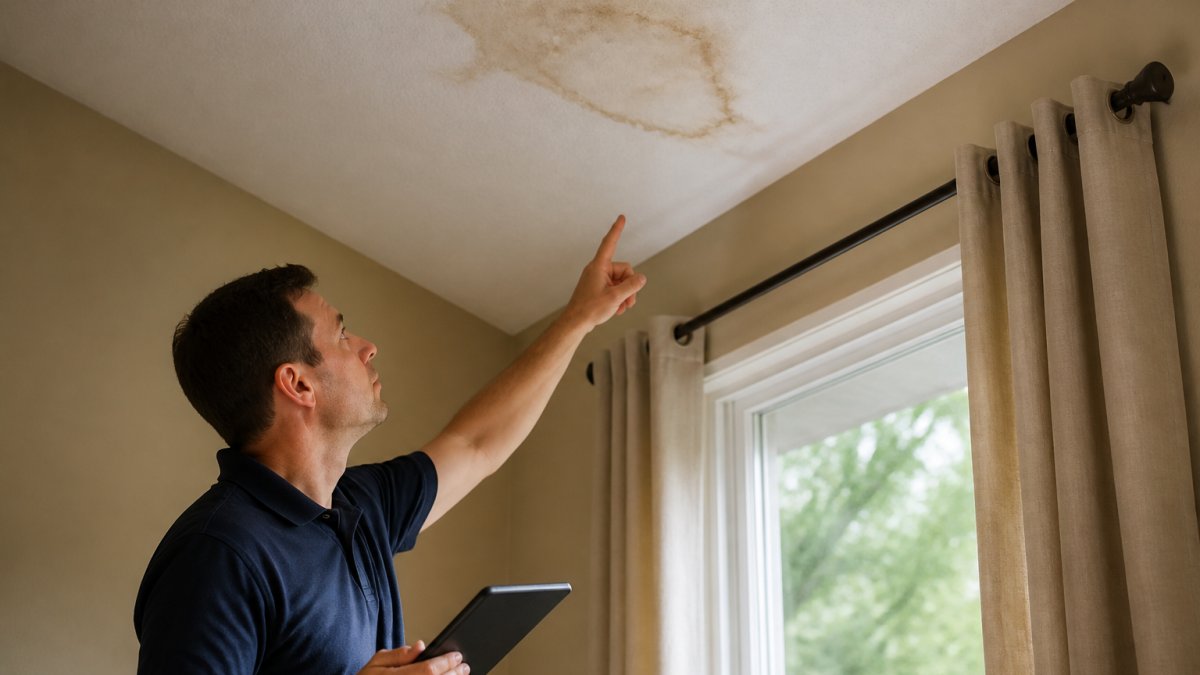 Homeowner using a flashlight to inspect an attic ceiling for a roof leak source during a rainy day
