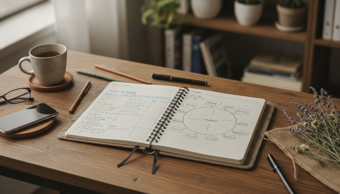Close-up of a hand writing detailed notes in a pain journal with dates and pain scale ratings, coffee cup on wooden desk nearby