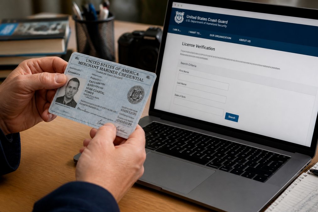 A close-up of a US Coast Guard merchant mariner credential document being reviewed on a table next to a laptop showing the Coast Guard license verification portal