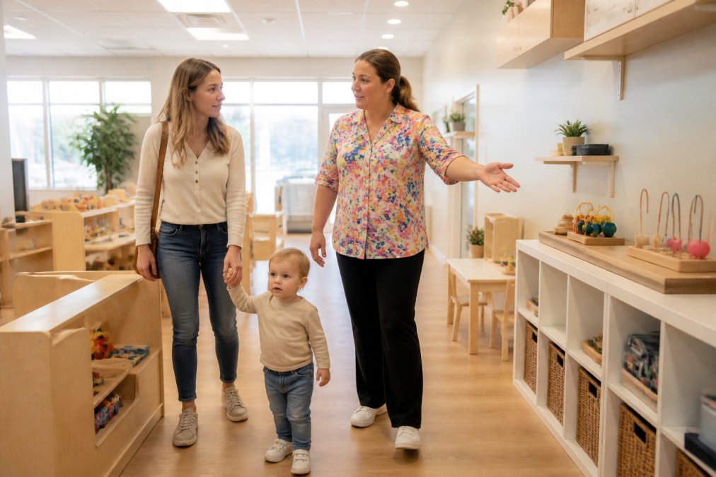 A parent and young toddler walking through a bright, clean indoor childcare facility, the parent looking attentively at the play area while a staff member in a colorful shirt gestures toward the organized shelving and activity stations