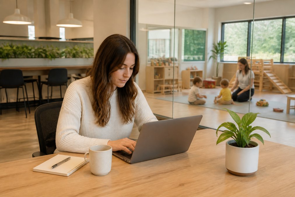 A focused parent working on a laptop at a clean modern coworking desk, with a cheerful supervised children's play area visible through a glass partition in the background, warm natural lighting throughout the open space