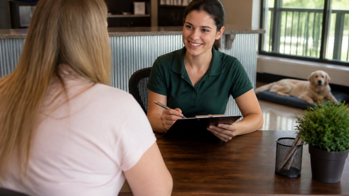 Pet owner reviewing questions for safe dog boarding with staff in a bright, welcoming lobby
