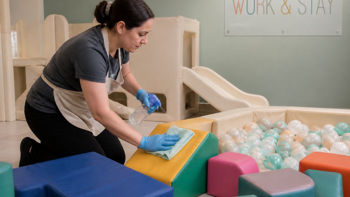 Staff member cleaning and sanitizing foam play blocks and ball pit balls with disinfectant spray in bright indoor play facility