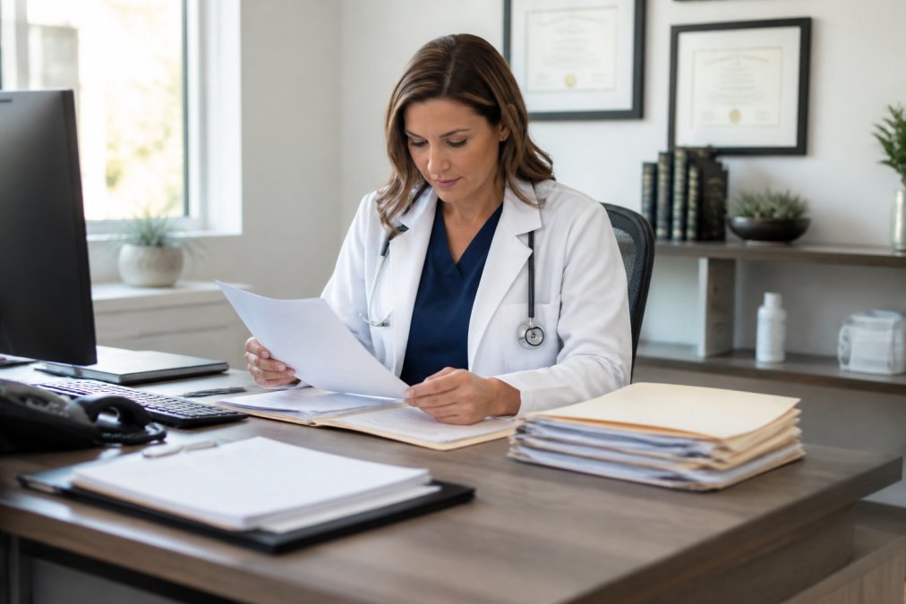 Professional healthcare provider in white coat reviewing patient medical records and documentation at desk with computer and file folders in modern clinical office setting with natural lighting