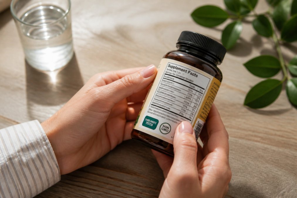 Close-up of hands holding a wellness supplement bottle, examining the detailed ingredient label and third-party certification badge under bright natural light on a wooden table