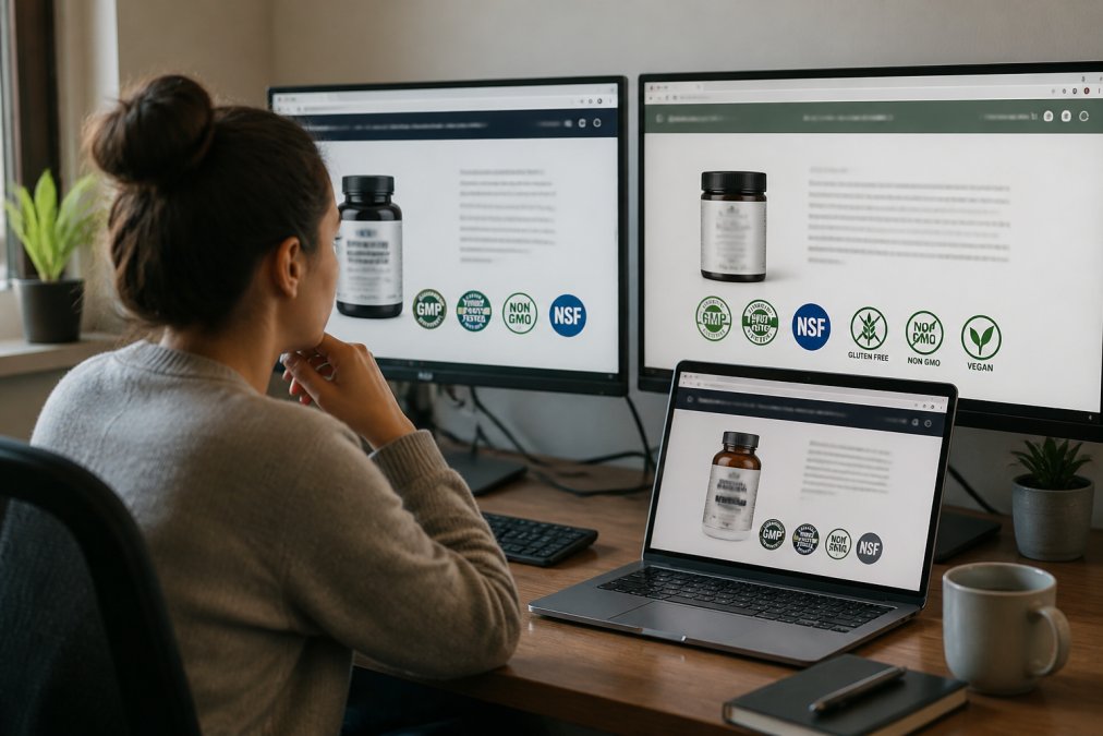 Person at a modern desk with multiple computer monitors, comparing wellness product certifications and third-party testing badges across different brand websites, with certification logos visible on screen