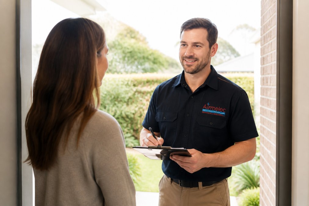HVAC technician discussing same day air conditioning repairs with a homeowner at their front door