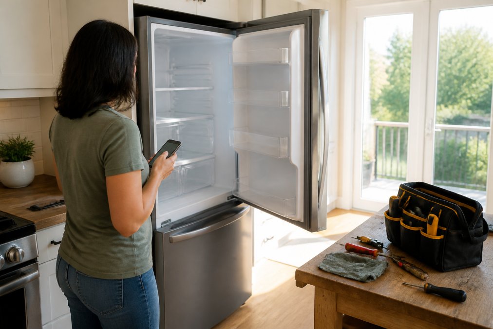 Homeowner using a smartphone to book same day appliance repair for a broken refrigerator in a sunny kitchen