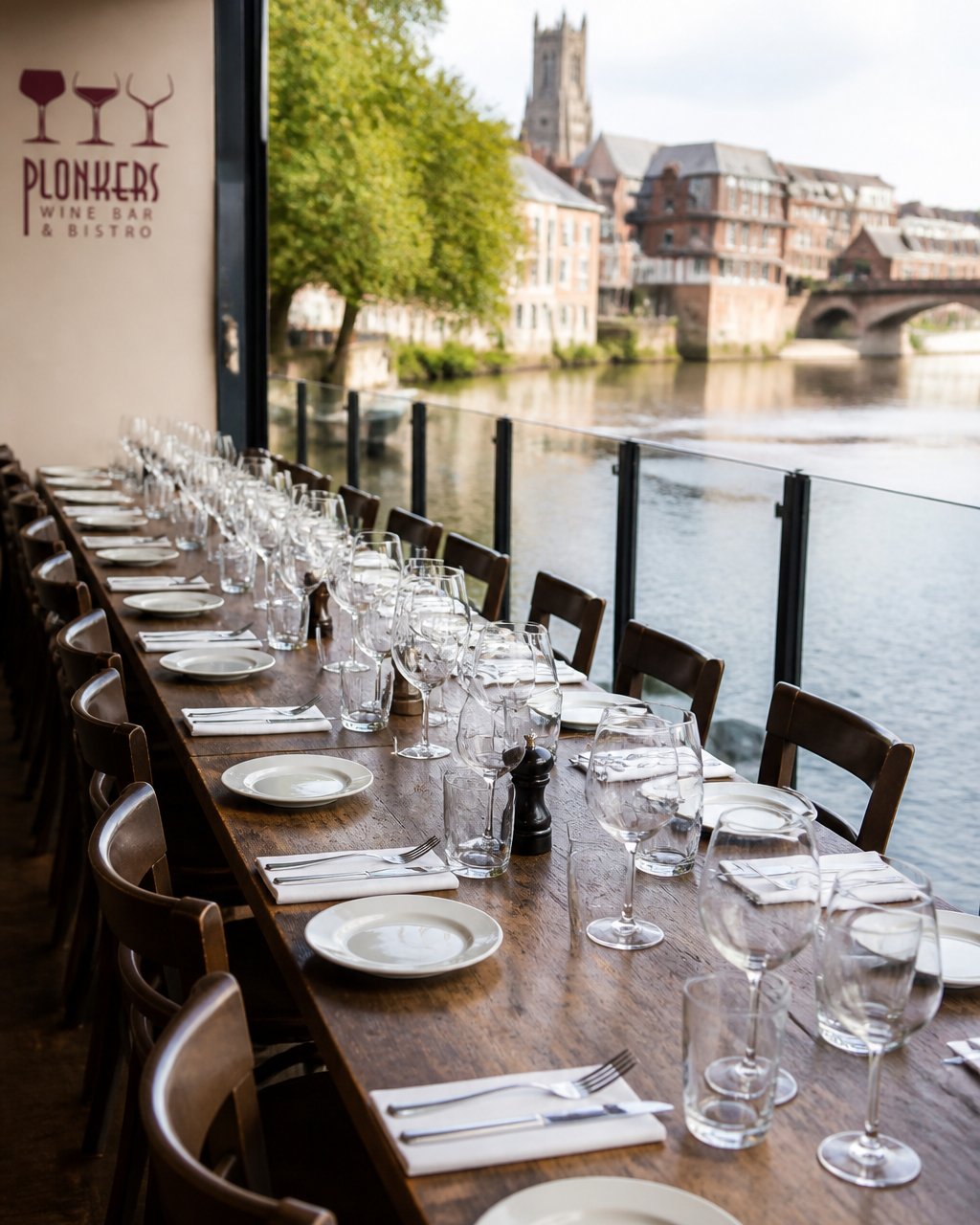 A long table set for a large group beside a river in York, with place settings, glasses and a view of the water and historic buildings in the background
