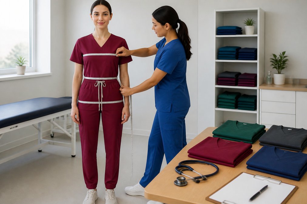 Healthcare professional standing in neutral posture while being measured at the bust, waist, and hips with a soft measuring tape by another person in a clinical setting