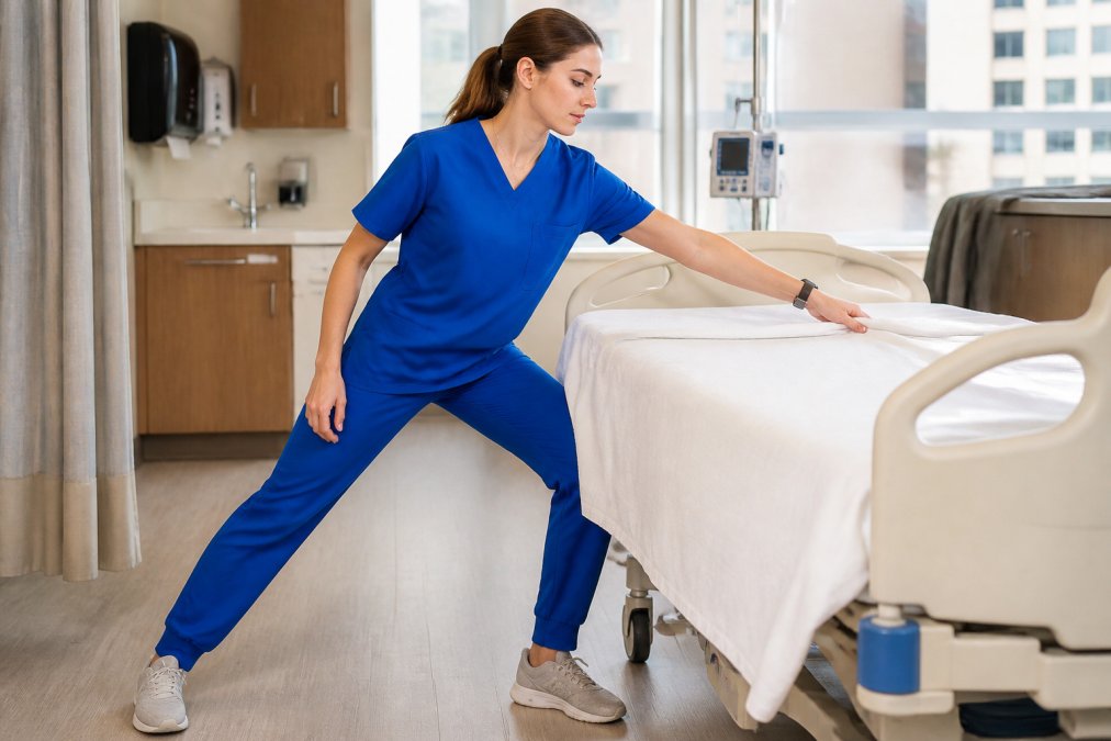Nurse in properly fitted scrubs demonstrating range of motion while reaching, bending, and moving in a clinical environment with natural lighting