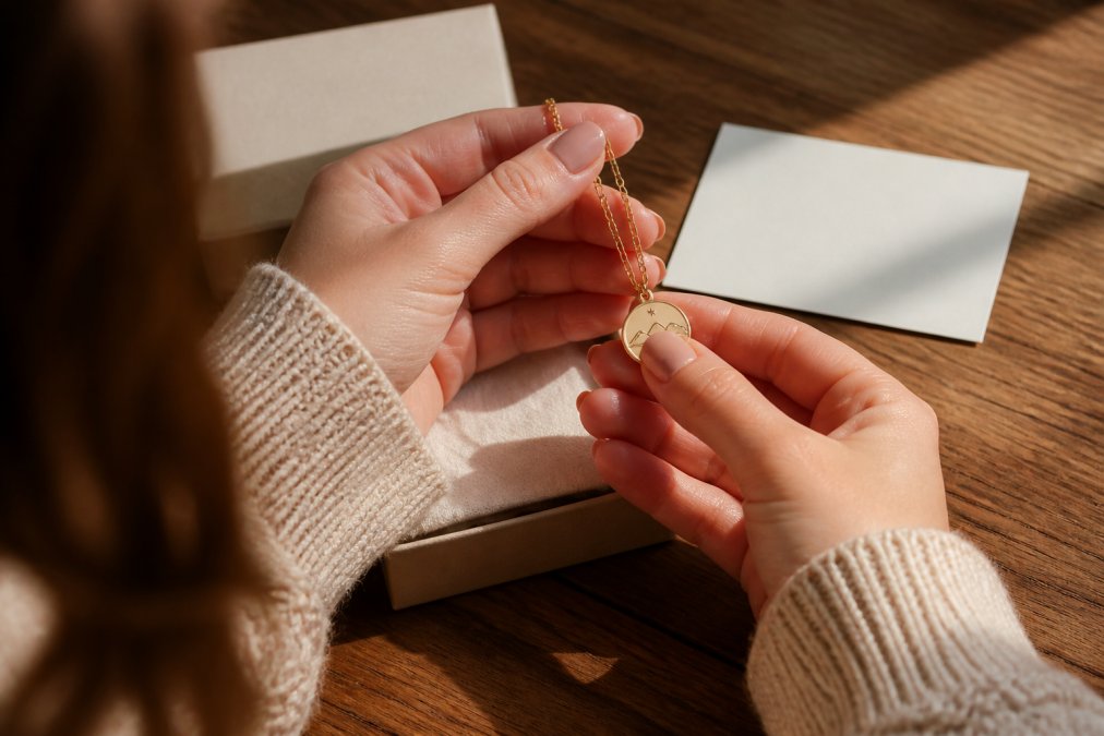 Close-up of a woman's hands holding a delicate engraved necklace with a small message card beside it on a wooden table, soft natural light