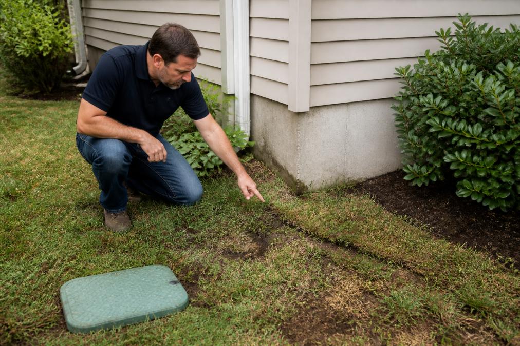 Homeowner kneeling in yard, pointing at soggy patches of grass and visible ground settling near foundation, examining sewer line damage signs