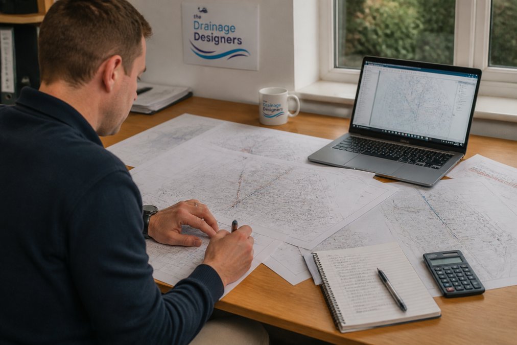 A person in a home office reviewing large technical drawings and sewer maps spread across a desk, with a laptop showing a mapping portal and a notepad with handwritten notes nearby